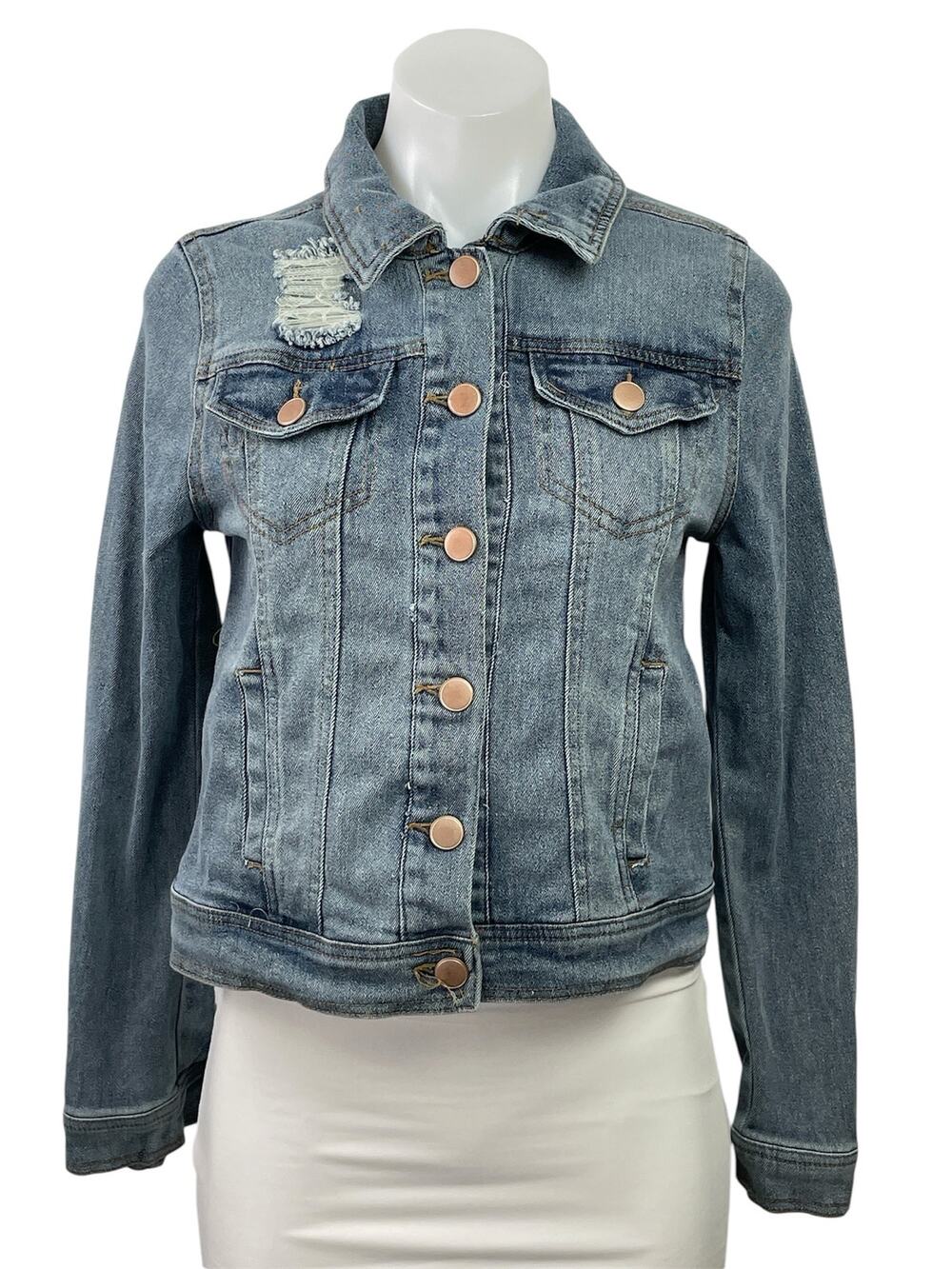 Dollhouse Women's Blue Long Sleeve Button Down Distressed Denim Jean Jacket S